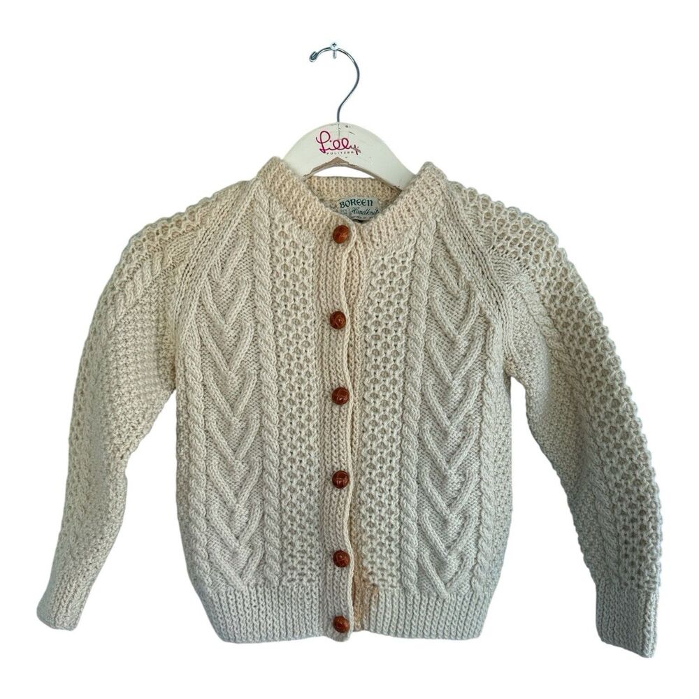 Vintage 1950s Donegal Knit Cardigan Youth XL Irish Wool Cable Chunky Aran